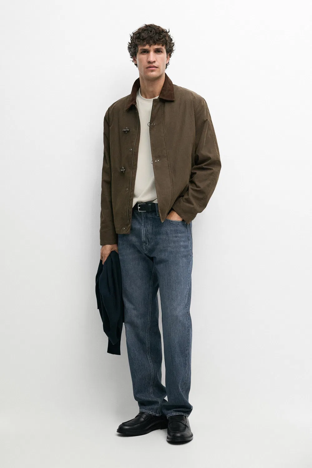 Куртка Massimo Dutti, кожаный воротник, темно-хаки