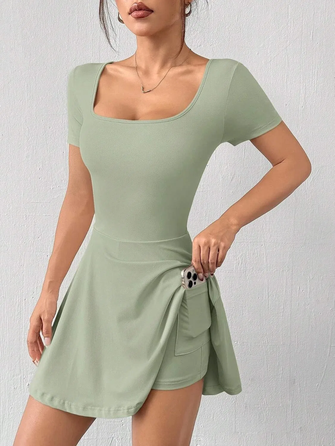 Женское мини-платье с квадратным вырезом A-line, Mint Green — фото 4