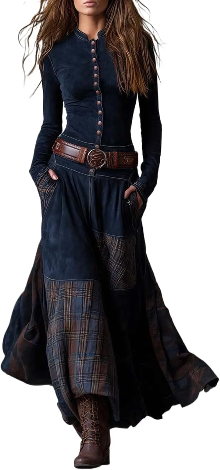 Женское платье с запахом из замши, Long Sleeves, Round Neck, Pockets, Button Closure, with Belt, Royal Blue