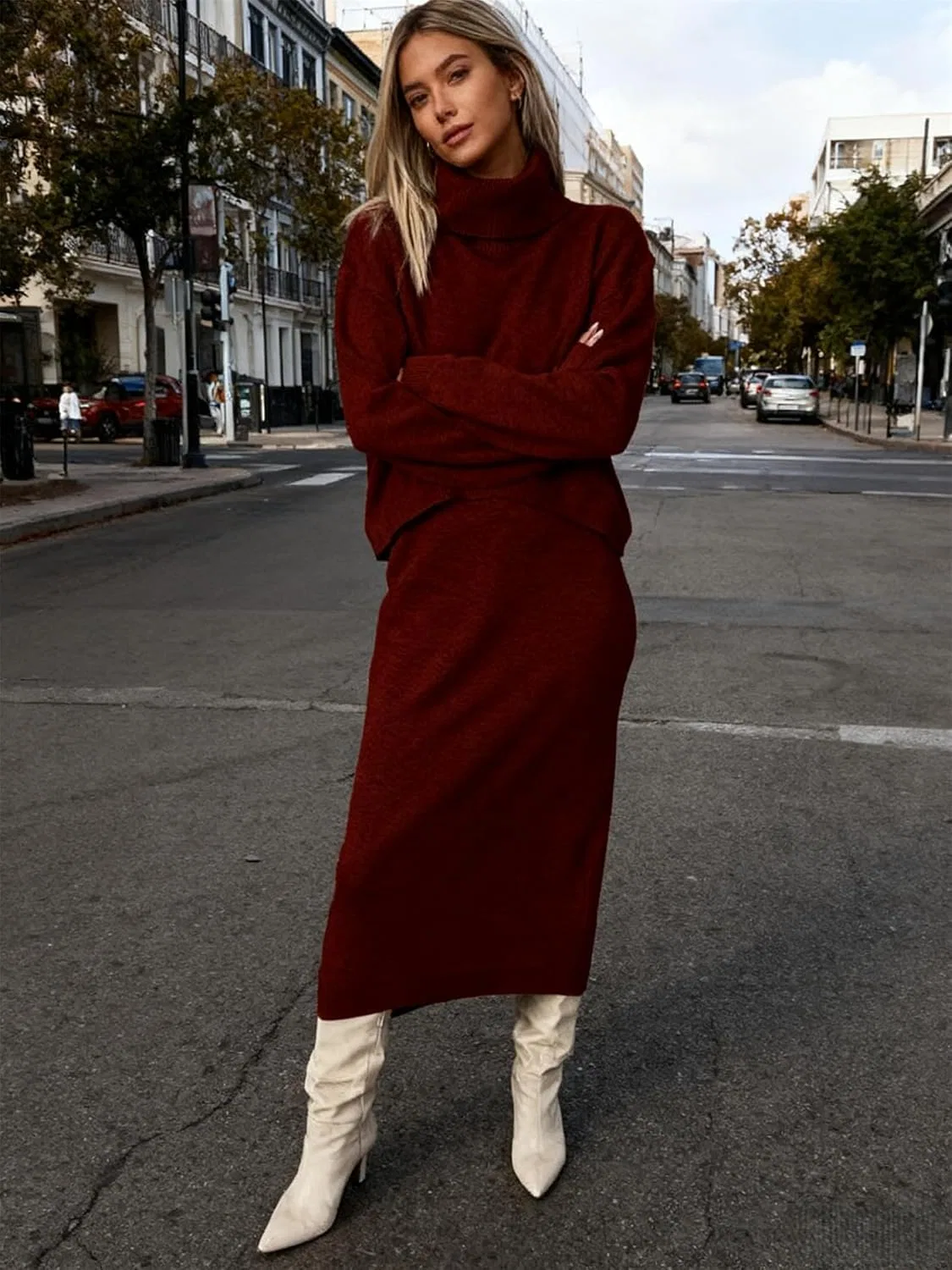 Женский миди-дресс и свитер с водолазкой Ribbed Knit, Wine Red — фото 4