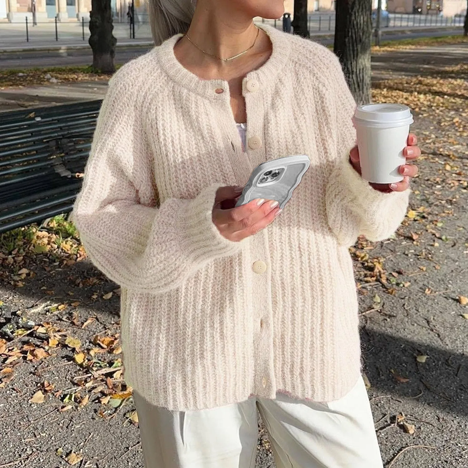 Женский кардиган свободного кроя из крупной вязки, Beige — фото 3