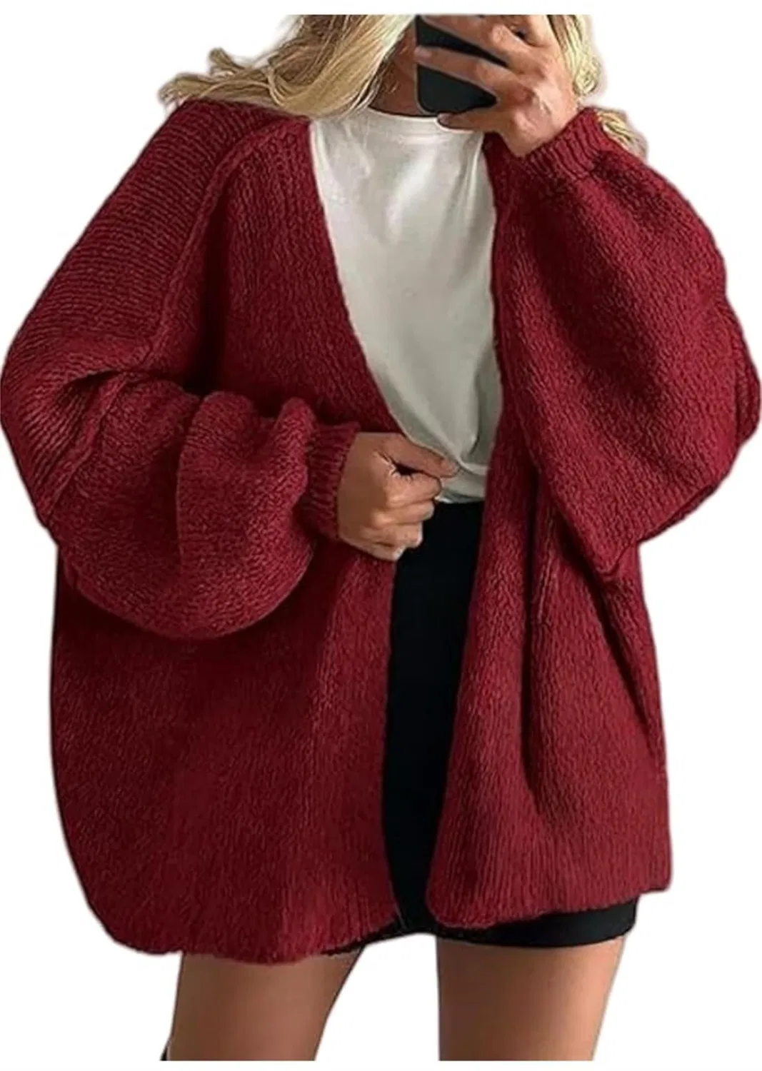 Женский удлиненный кардиган с фактурной вязкой и рукавом-фонарик, Burgundy