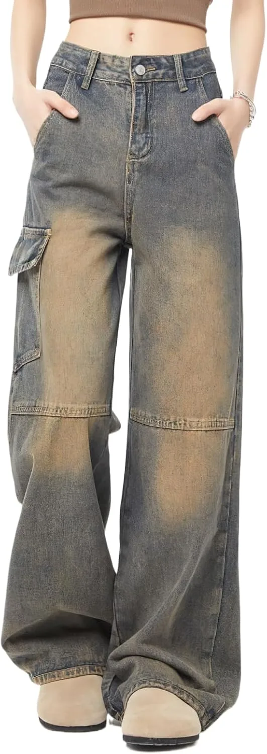

Женские прямые широкие багги карго джинсы Y2K с высокой талией Viatabuna