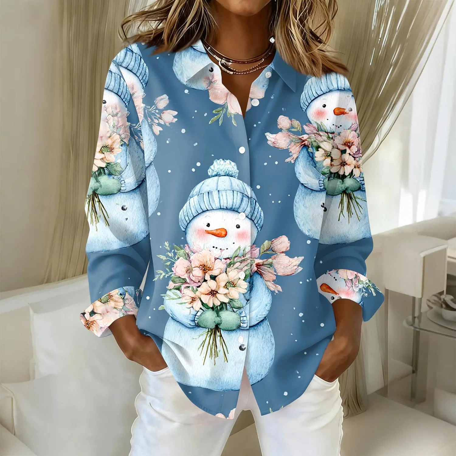 Женская блуза с рождественским принтом, Casual, Oversized, 1-light Blue — фото 2