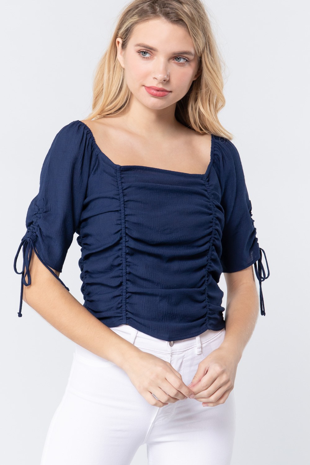 

Топ из тканого материала с присборенной резинкой до локтя FASHNZFAB, темно-синий