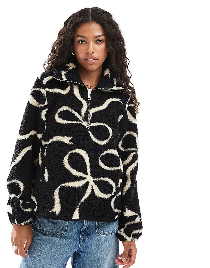 

Потертый флис с застежкой-молнией 1/4 и принтом банта черного цвета