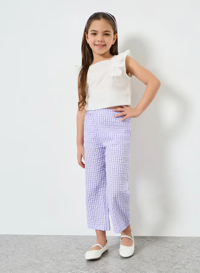 Брюки-кюлоты с принтом в клетку, модель Girls seersucker gingham check culottes, Styli, лиловый — фото 2