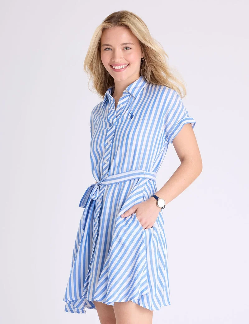 Женское платье U.S. Polo Assn. Dolman Sleeve Fit and Flare Poplin, синий/белый — фото 4