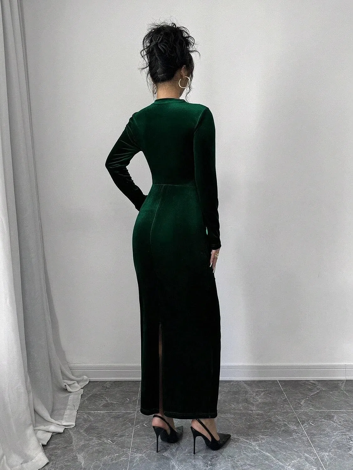 Женское платье-бодикон с воротником-стойкой, Dark Green — фото 3