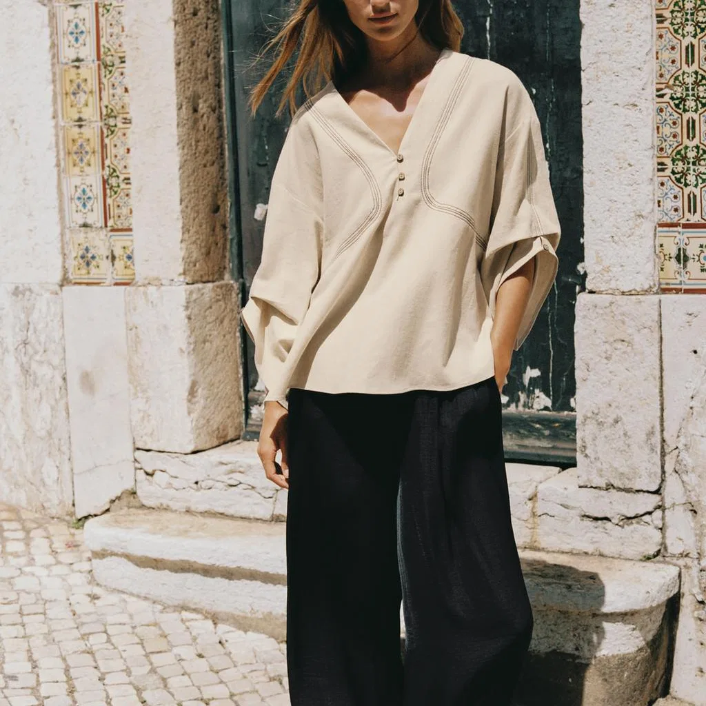 Женская рубашка с V-образным вырезом Light Beige, ZARA — фото 4
