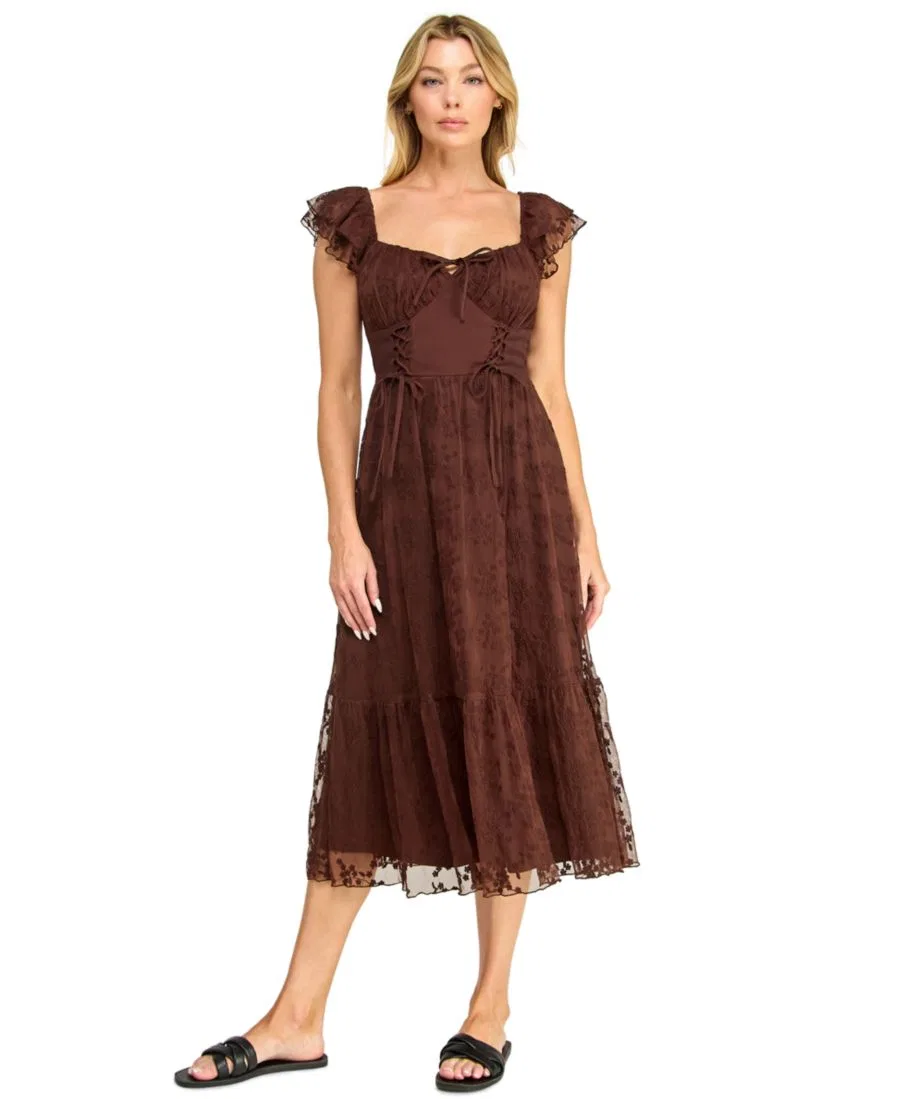 Платье-миди с длинным рукавом и кружевной отделкой, модель Sweetheart-Neck Flutter-Sleeve Lace Midi ROW A, Chicoffee