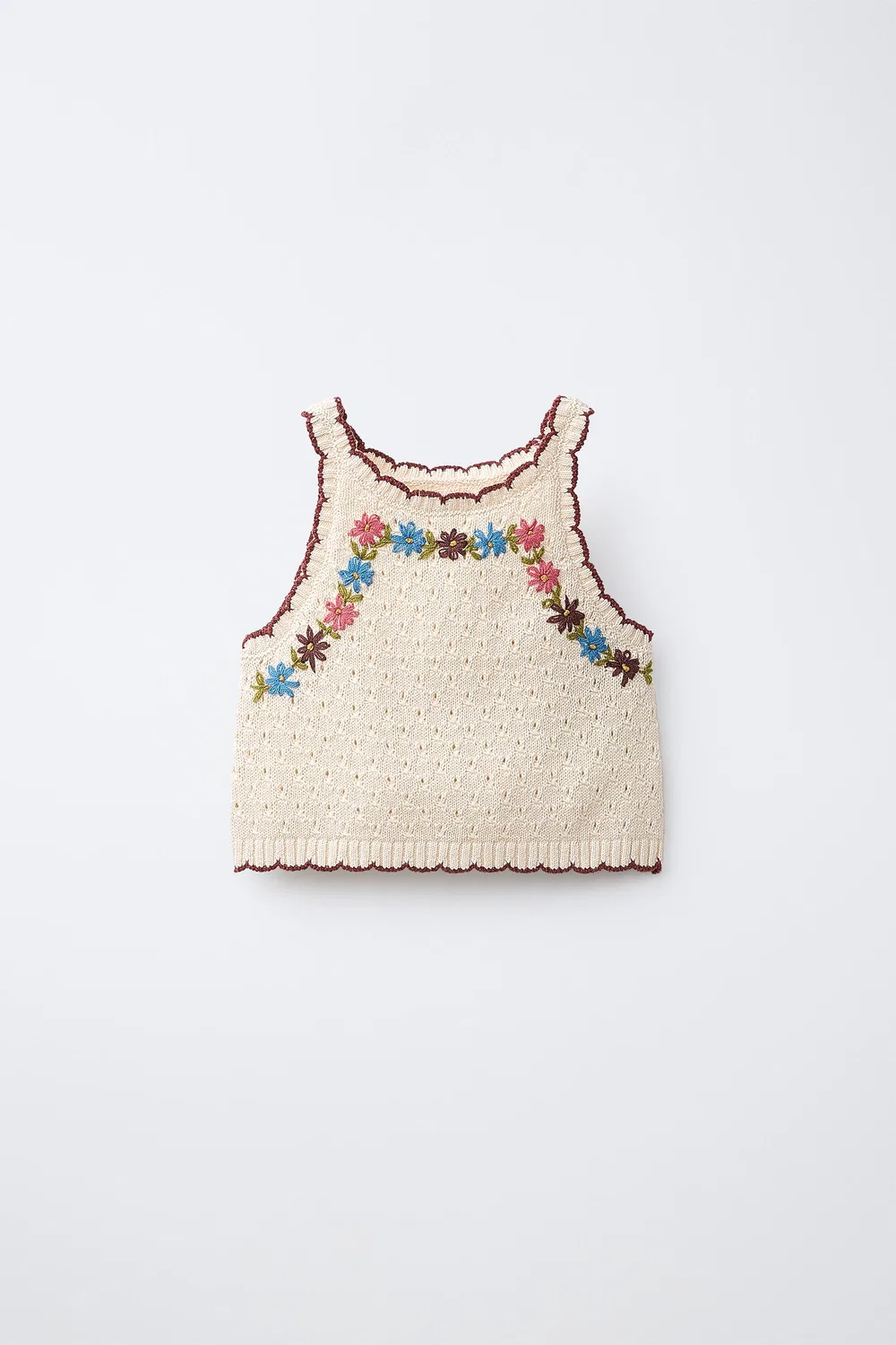 Вязаный топ с цветочной вышивкой ZARA, Ecru
