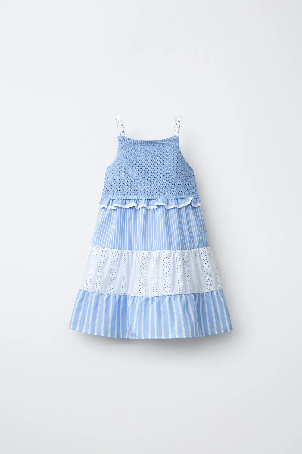 Вязаное платье в полоску со швейцарской вышивкой ZARA, Blue/White