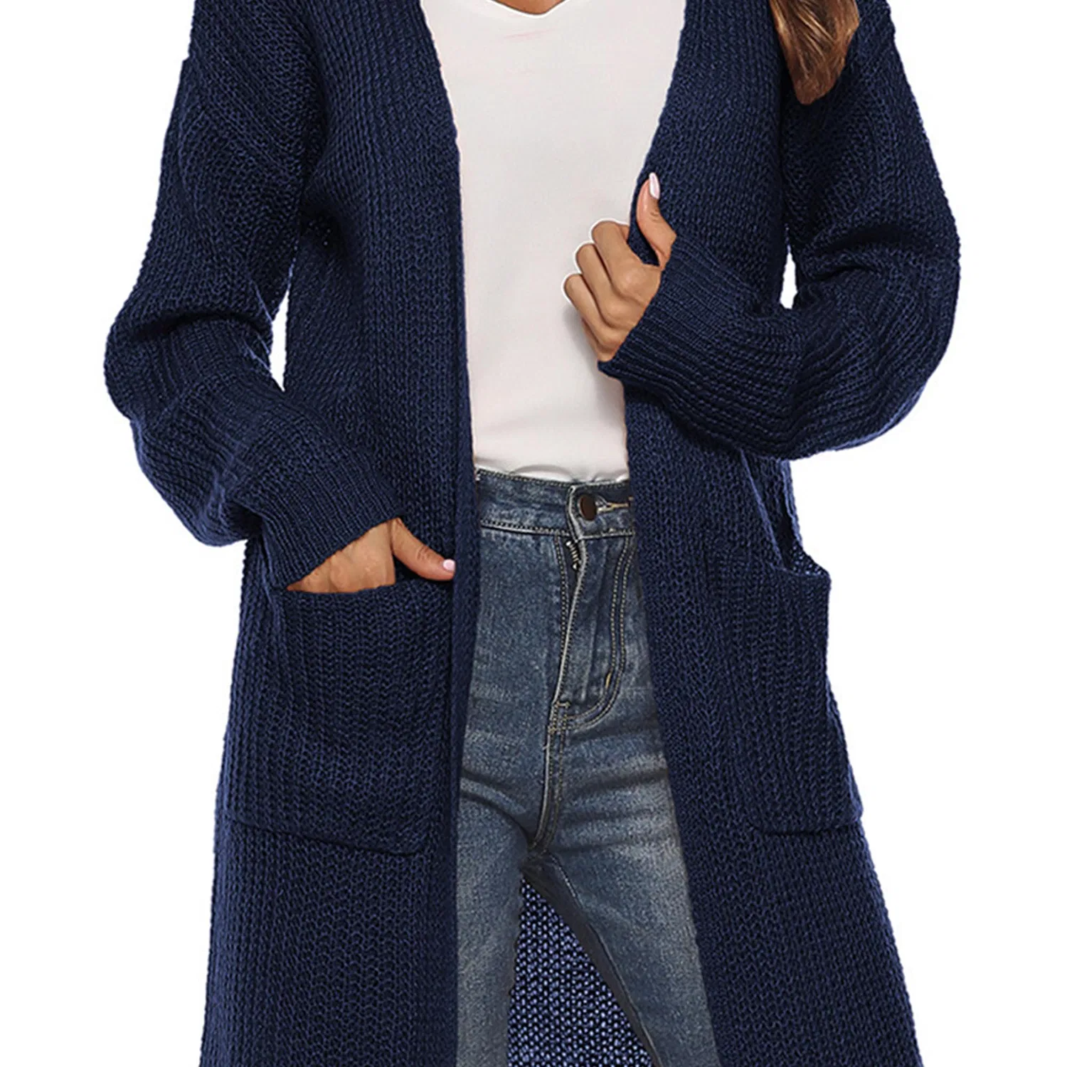 Женский кардиган с длинным рукавом с карманами, Blu Navy — фото 3
