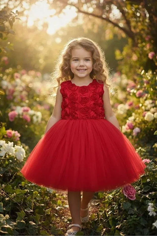 Детское платье для девочек с принтом 3D Rose Embossed Tulle Red Children's Evening Dress Abiyekids, Red