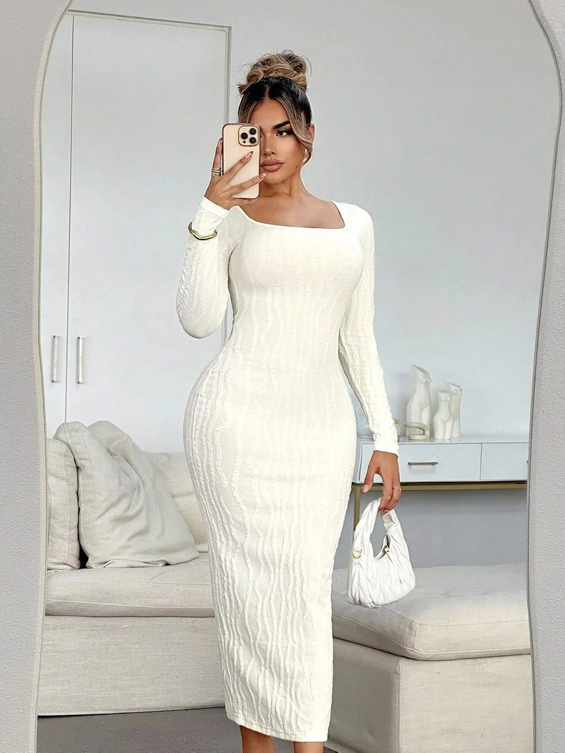 Женское длинное платье миди с разрезом Bodycon, Beige — фото 4