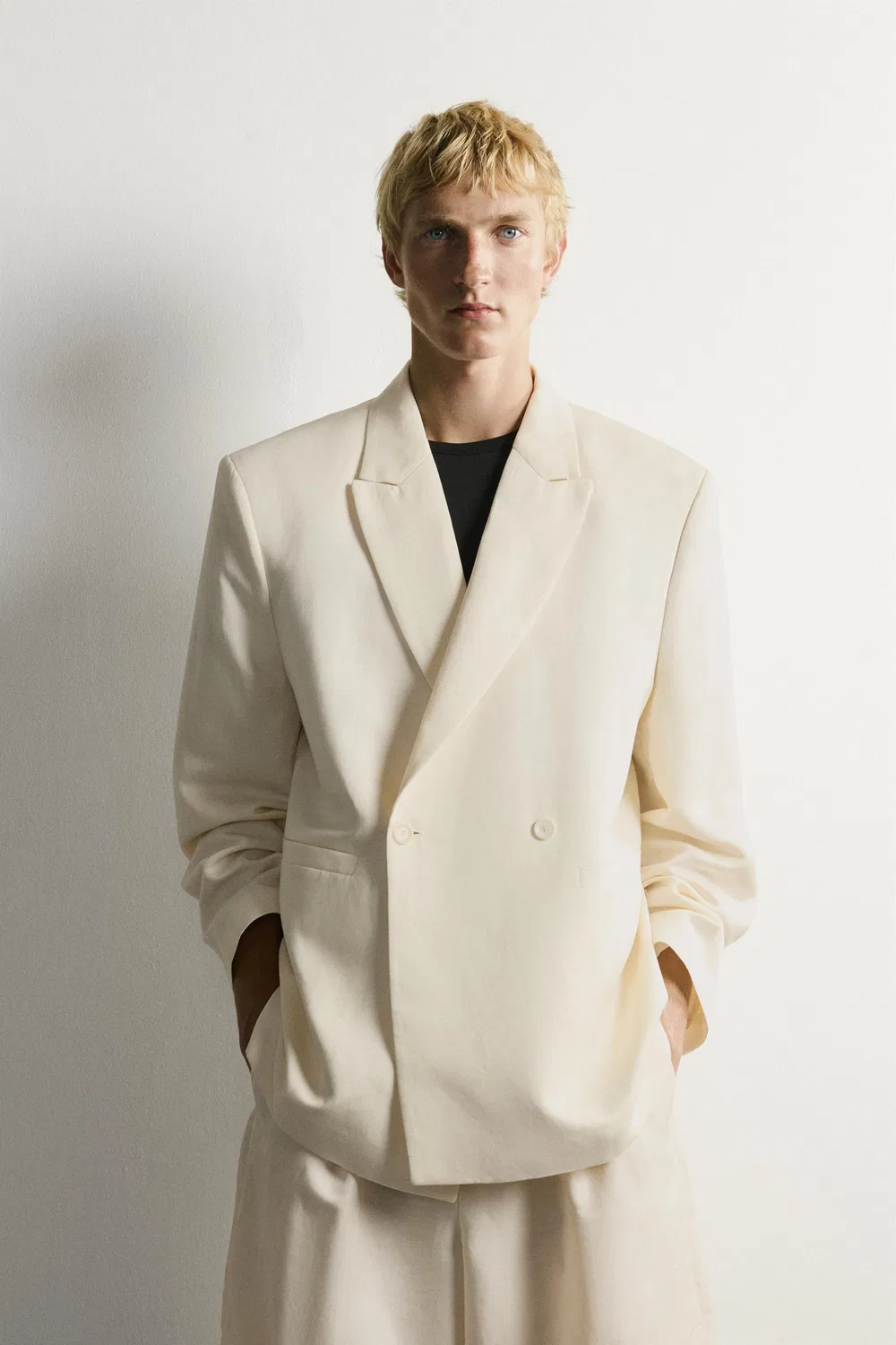 Двубортный пиджак из вискозы и льна ZARA, Oyster-white — фото 2