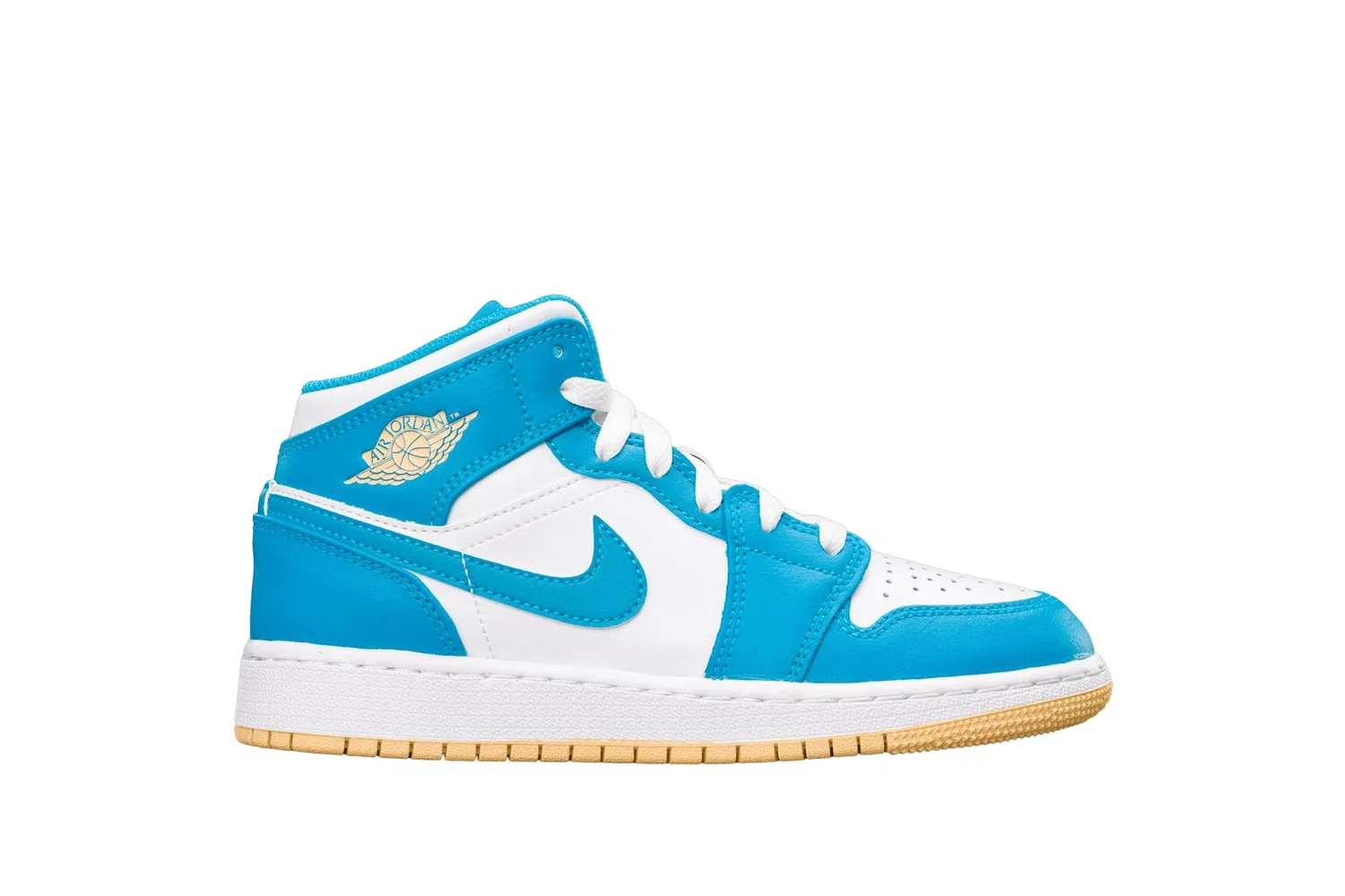 Детские кроссовки для мальчиков высокие с принтом Air Jordan 1 Mid NIKE, Aquatone Celestial Gold White