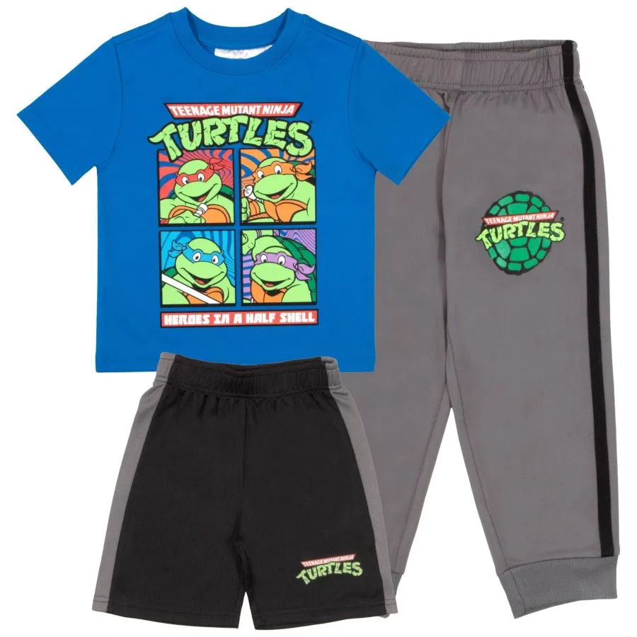 Комплект из футболки, шорт и джоггеров с принтом Teenage Mutant Ninja Turtles, Blue/Gray/Black