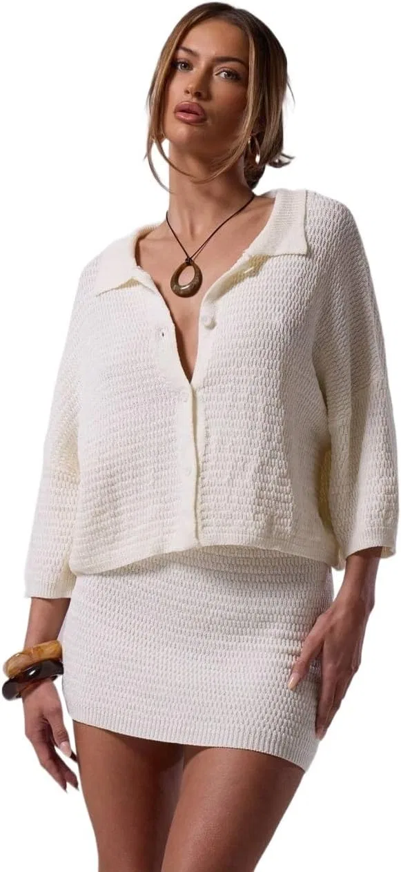 Женская пляжная накидка с воротником и пуговицами Knit Collared, White