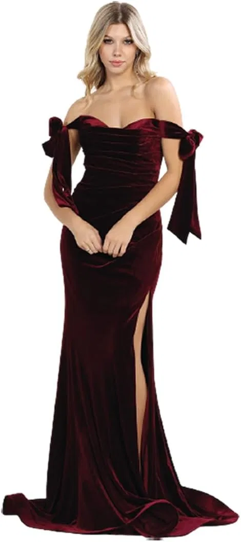 Женское вечернее платье из бархата, Off the Shoulder High Slit Ruched Evening Gala Gown, бордовый