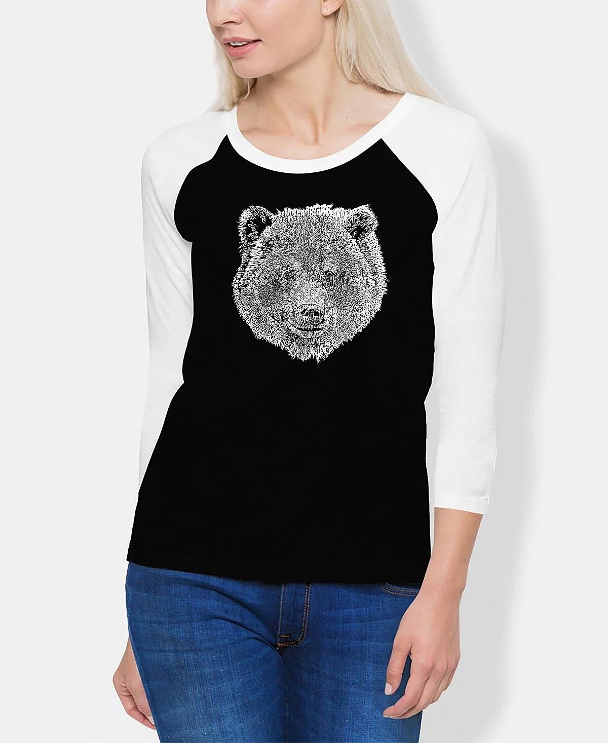 

Женская футболка реглан word art bear face LA Pop Art, черно-белый