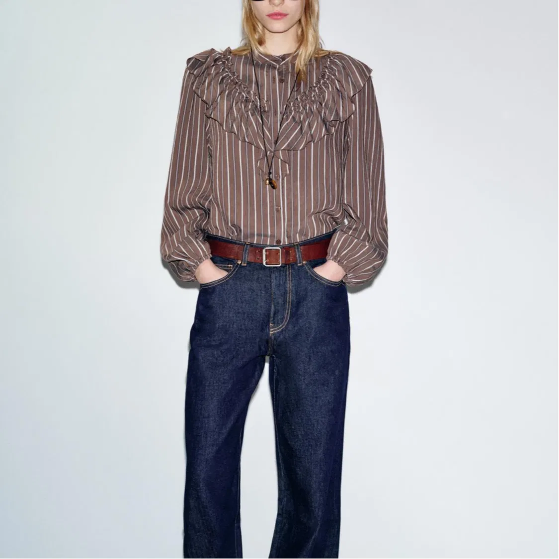 Женская рубашка с водолазкой Brown Blue ZARA, Brown Blue — фото 4