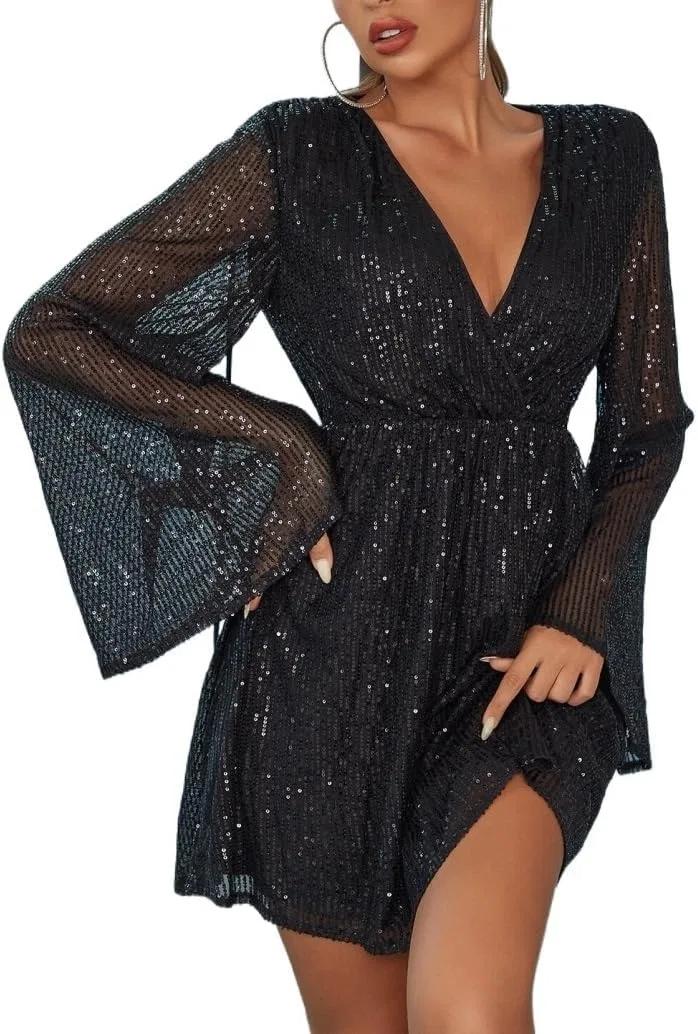 Женское платье A-силуэта с пайетками Wrap Dress, Black