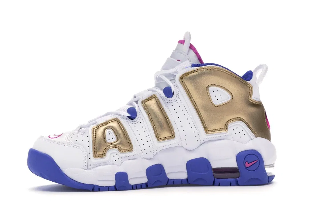 Детские кроссовки для мальчиков и девочек с перфорированным верхом Nike Air More Uptempo Nike, White/Fuchsia Blast-Metallic Gold — фото 3
