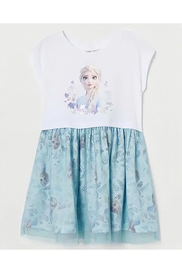 Детское платье для девочек с принтом Frozen Elsa Printed Skirt Tulle Short Sleeve Dress Minibambi, Turkuaz