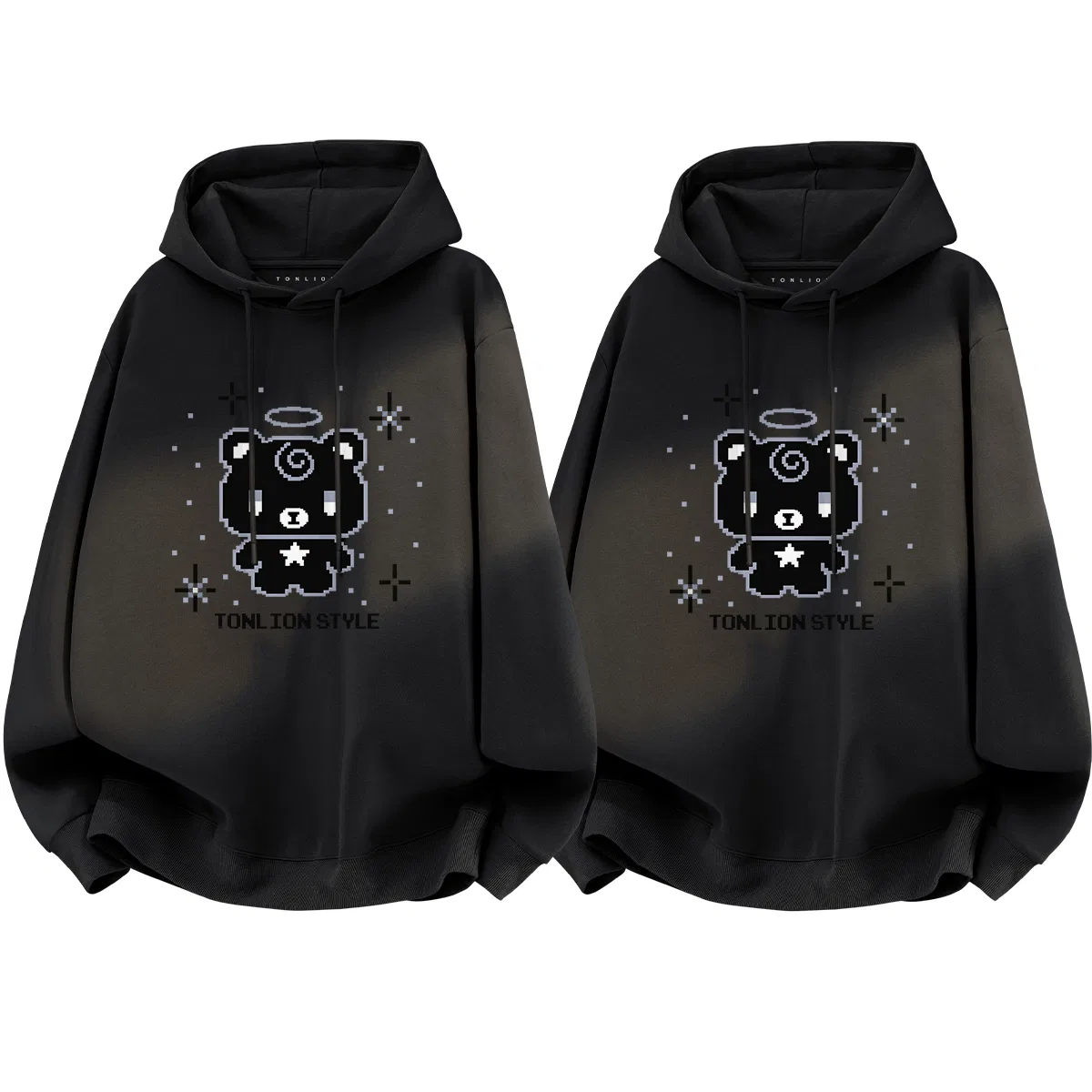 Детский комплект из худи и штанов с капюшоном и принтом Pixel Bear Tonlion, Черный