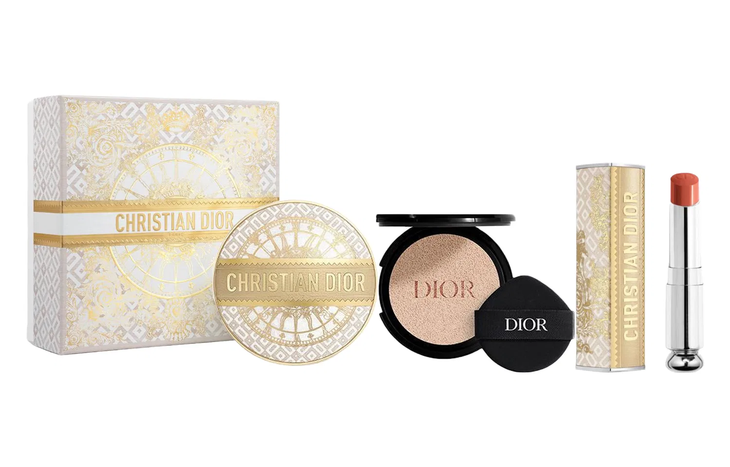 Женский набор для макияжа с тональным кремом и помадой, модель Lock in Cushion Foundation+Enchanting Lipstick Makeup Set, DIOR, Gold Ball Box Limited Edition