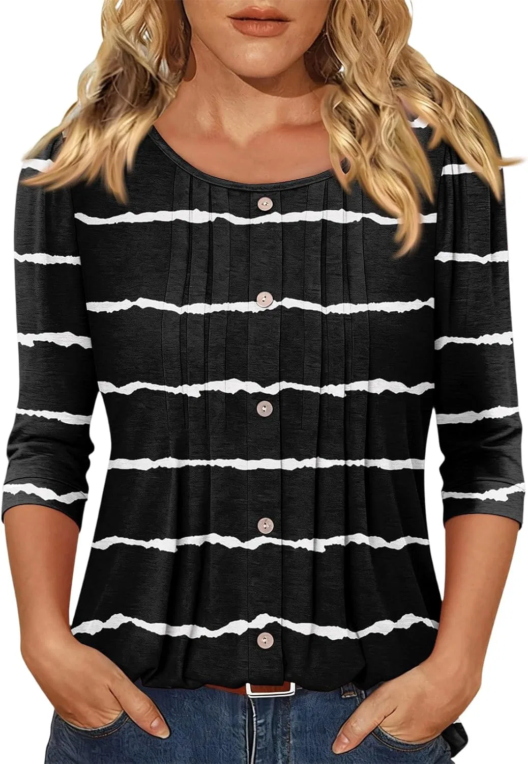 Женская блуза с плиссировкой спереди, 3/4 рукав, Classic Basic Tees, 4-Black