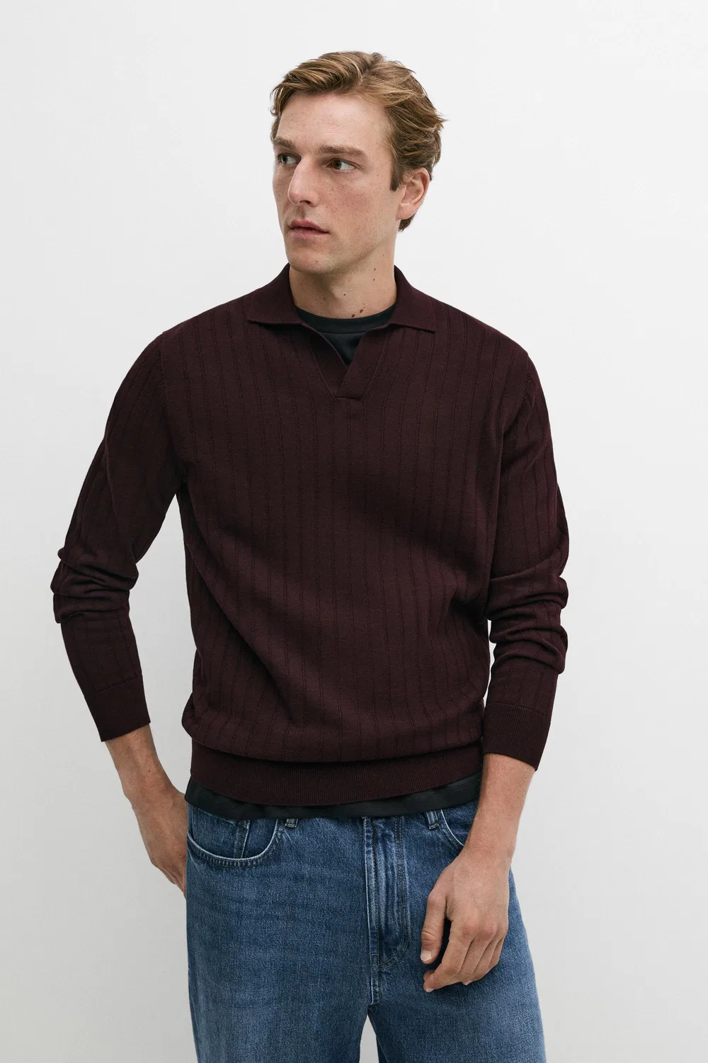 Поло-свитер Massimo Dutti 100% Cotton Knit, бордовый
