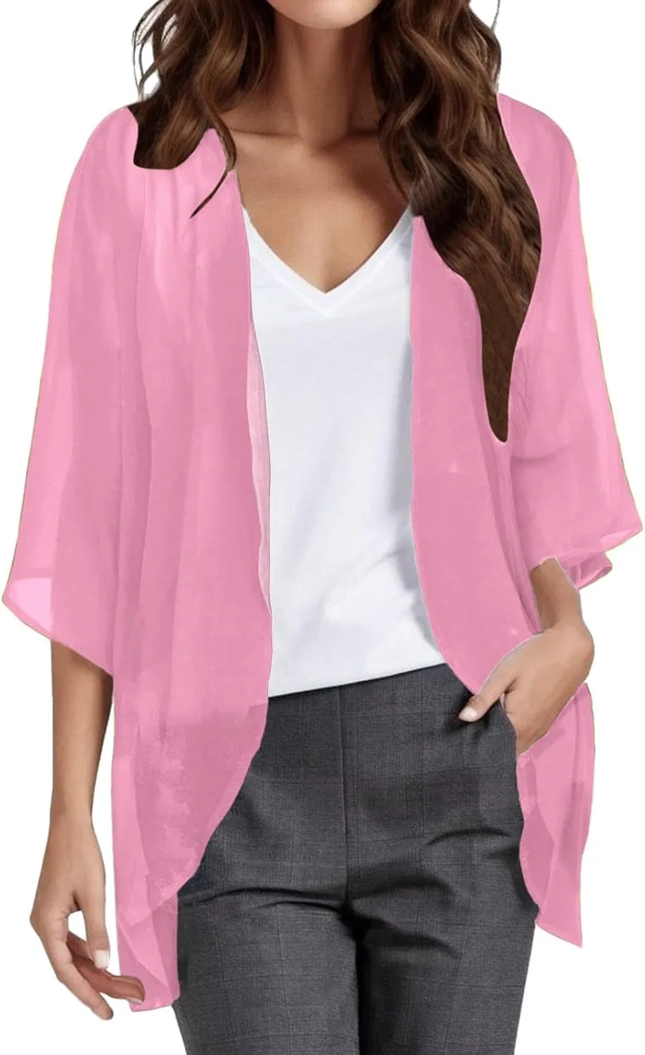 Женская кимоно-кардиган пляжная накидка с рукавами-фонариками, Hot Pink