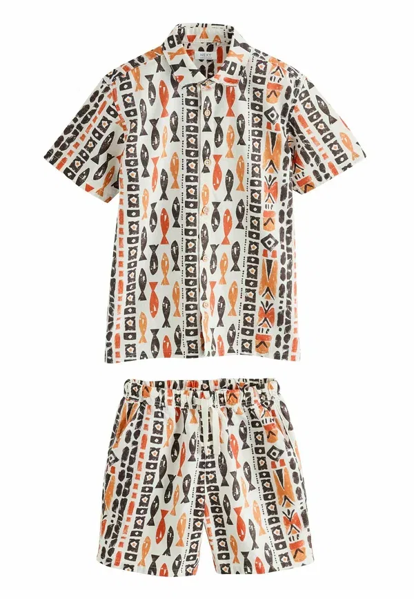 Комплект из рубашки и шорт с принтом, Animals, Regular fit - short sleeve aop shirt and shorts set, Next, Ecru all over print fish, экрю — фото 3