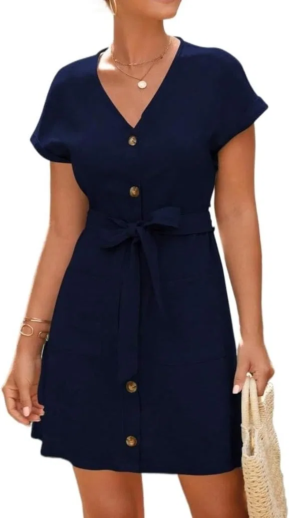Женское повседневное A-силуэта платье с поясом, Navy Blue
