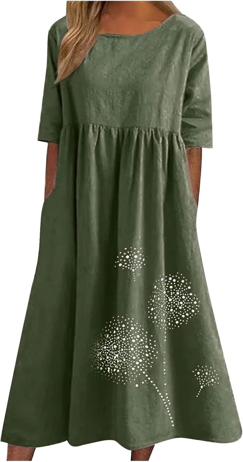 Женское повседневное платье-футболка из хлопка и льна, Army Green