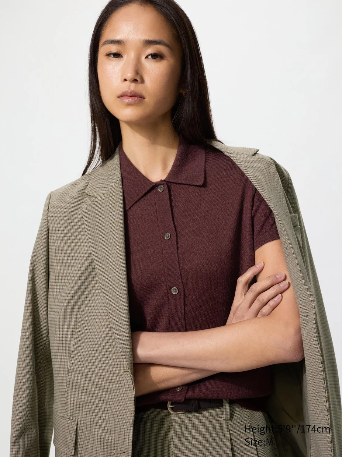 Кардиган-поло Uniqlo из смеси мериносовой шерсти, с коротким рукавом, бордовый