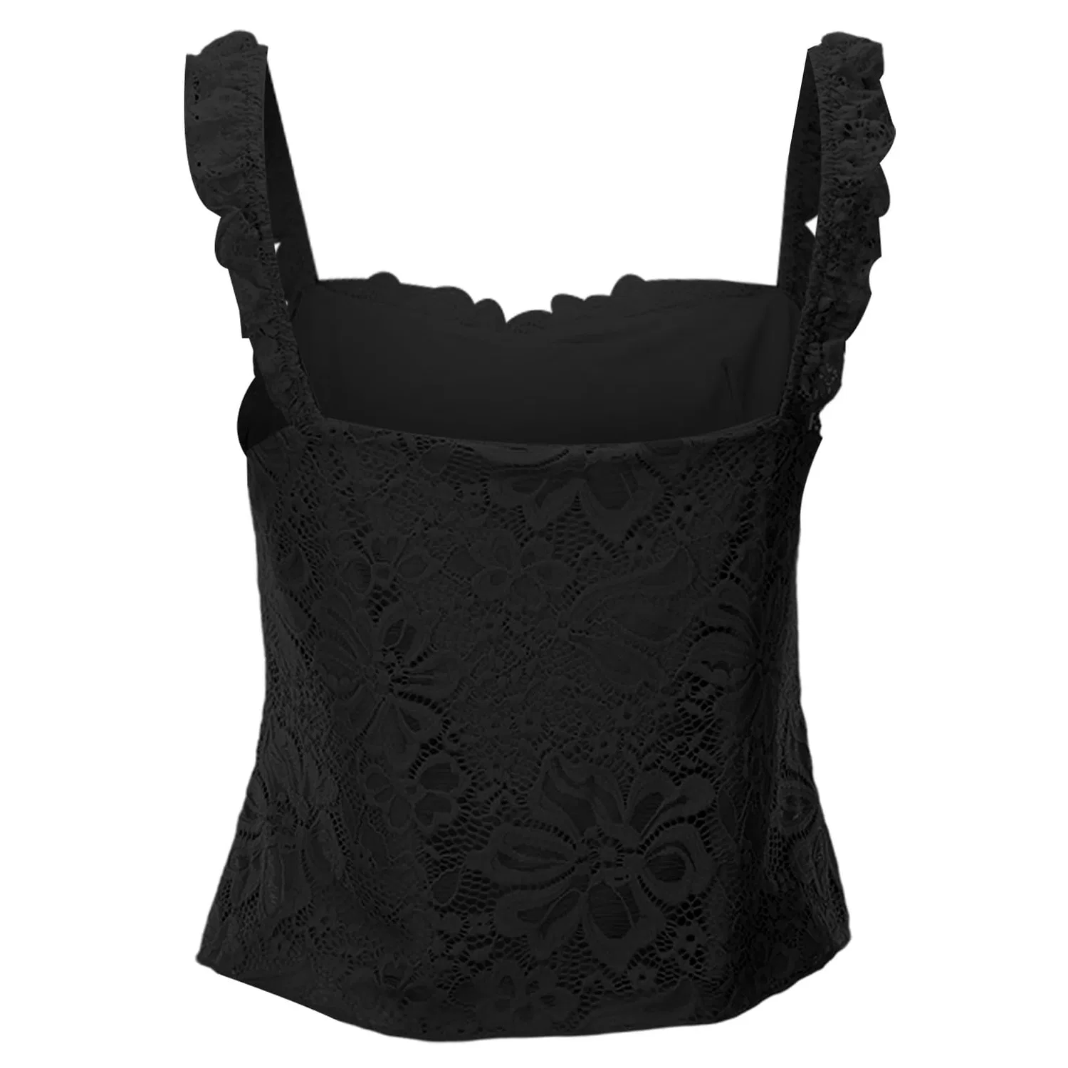 Женская майка с кружевом и тонкими бретелями с бантом, модель Elegante Blusa con Spalline Sottili e Fiocco, Nero — фото 3