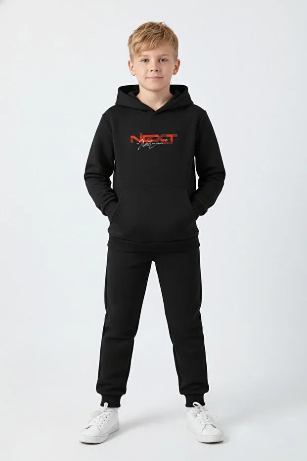 Детский спортивный комплект для мальчиков с принтом 3 iplik k hooded kangaroo pocket ş fleece-lined winter print detailed Fyk Kids, Black-Grey-Navy Blue — фото 2