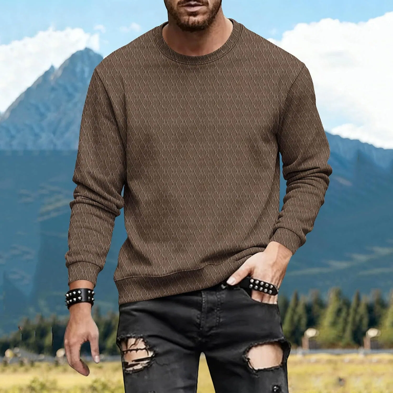 Мужская трикотажная футболка с жаккардовым узором Slim Fit, Brown — фото 2