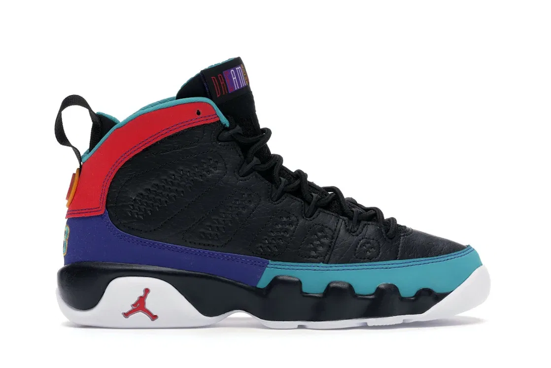 Детские кроссовки для мальчиков с принтом Jordan 9 Retro Jordan, Black/University Red-Dark Concord-Canyon Gold-Turbo Green-White