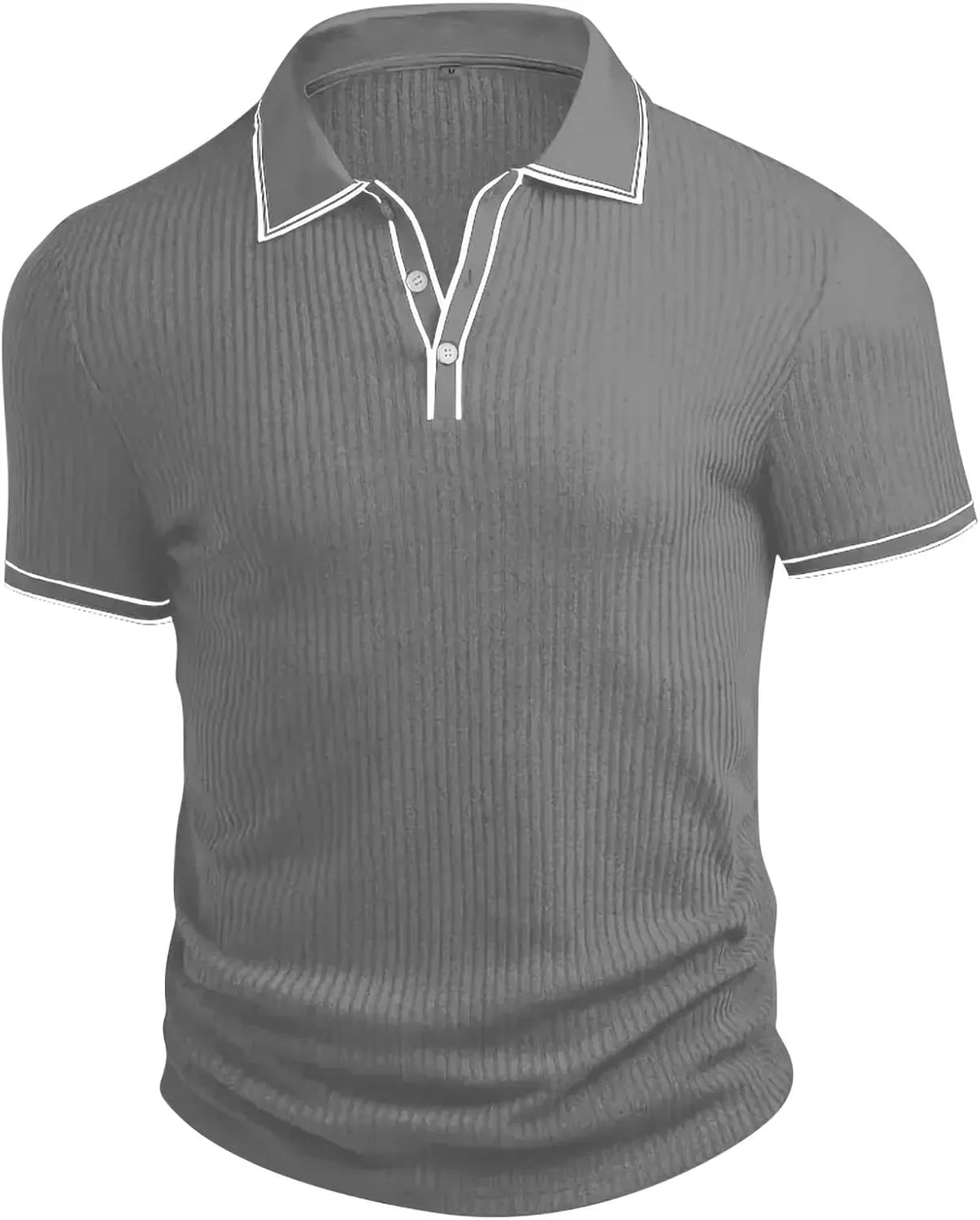Мужская повседневная футболка с текстурным воротником Ribbed Polos, Gray-1 — фото 4