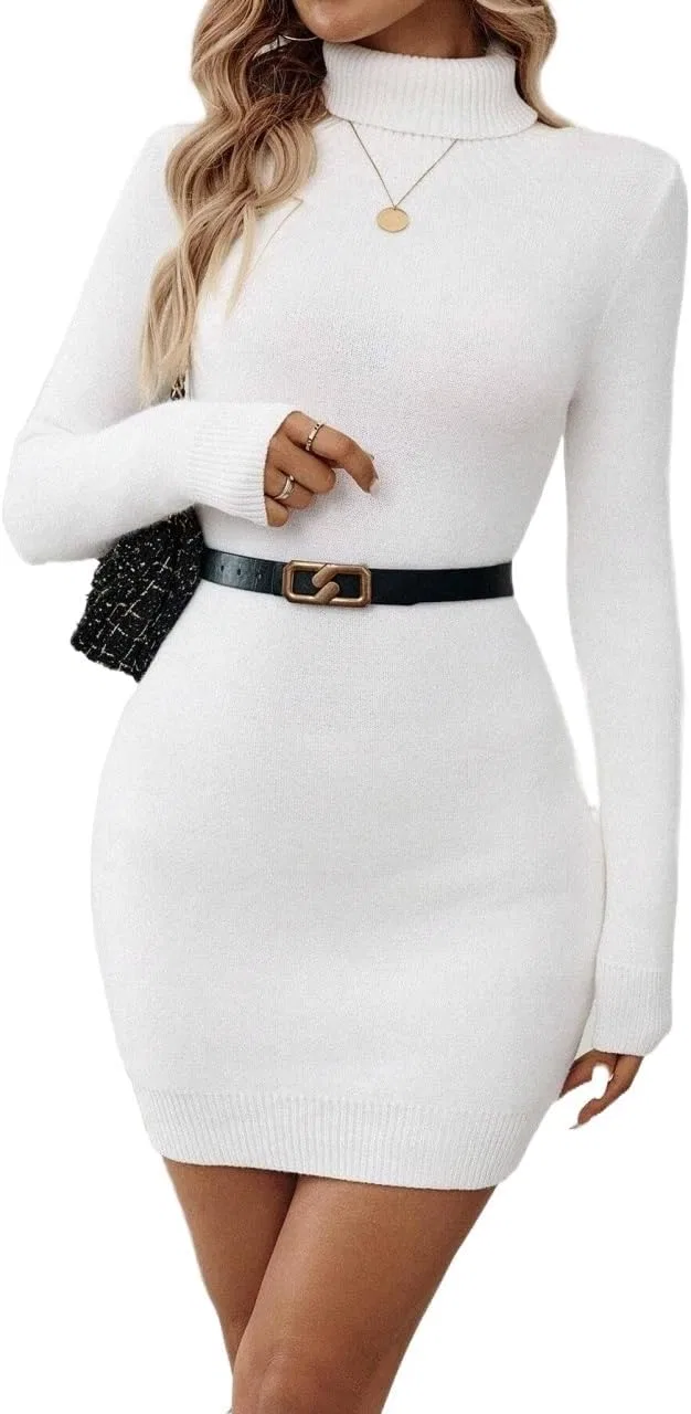 Женское платье-свитер с высокой горловиной Slimming Fit, White