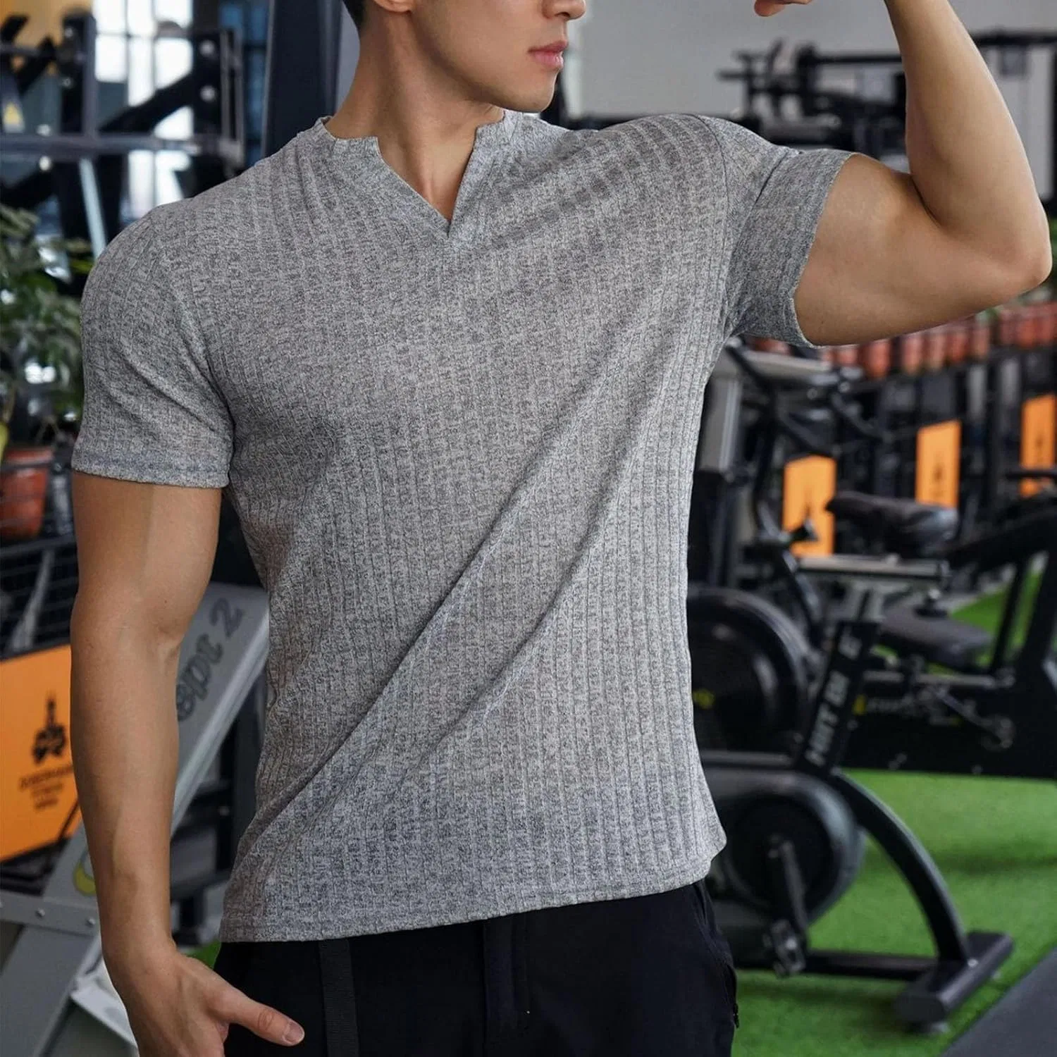 Мужская футболка с V-образным вырезом Ribbed, Gray — фото 2
