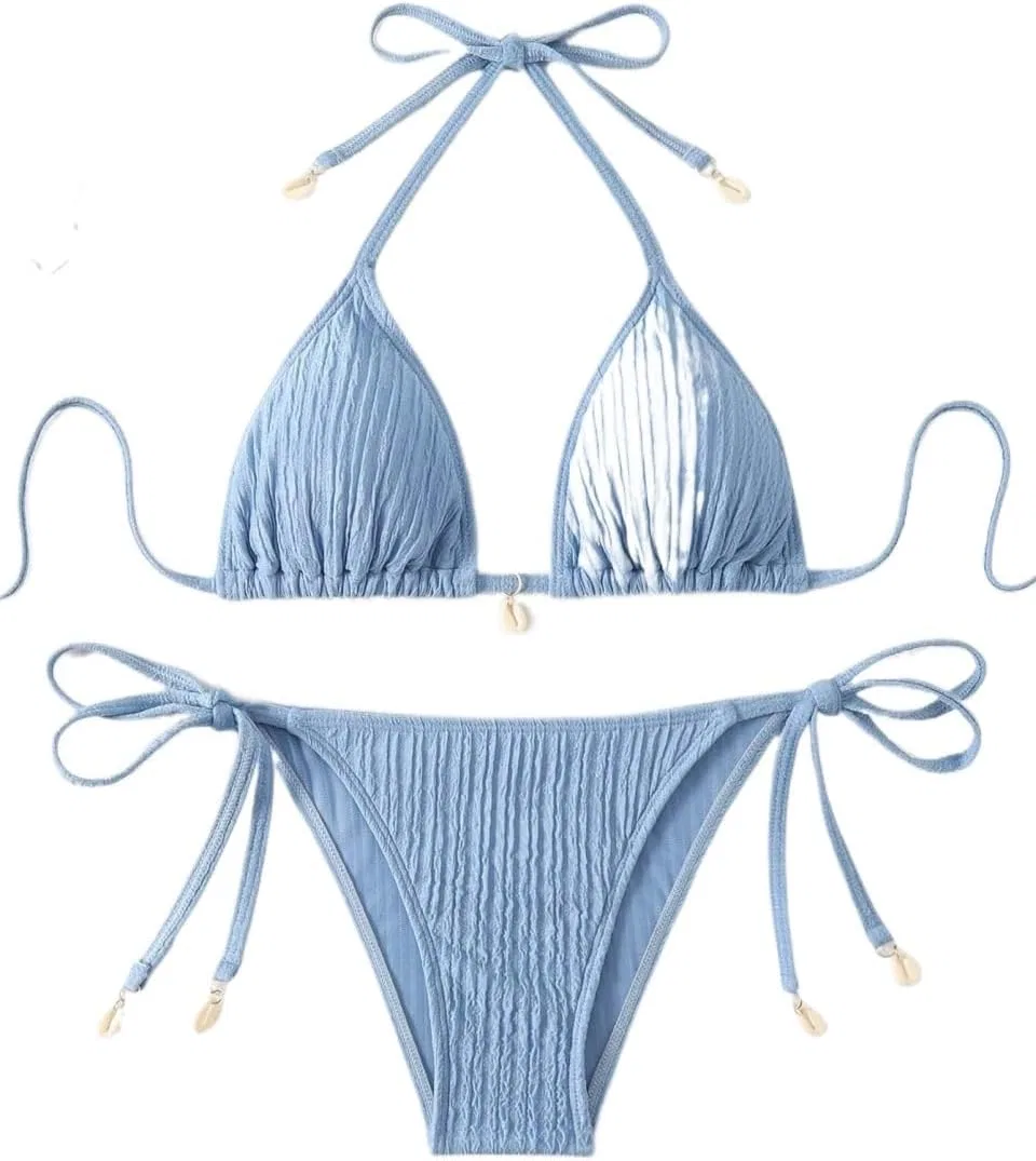 Женский бикини-сет с завязками на шее, High Waist, Blue