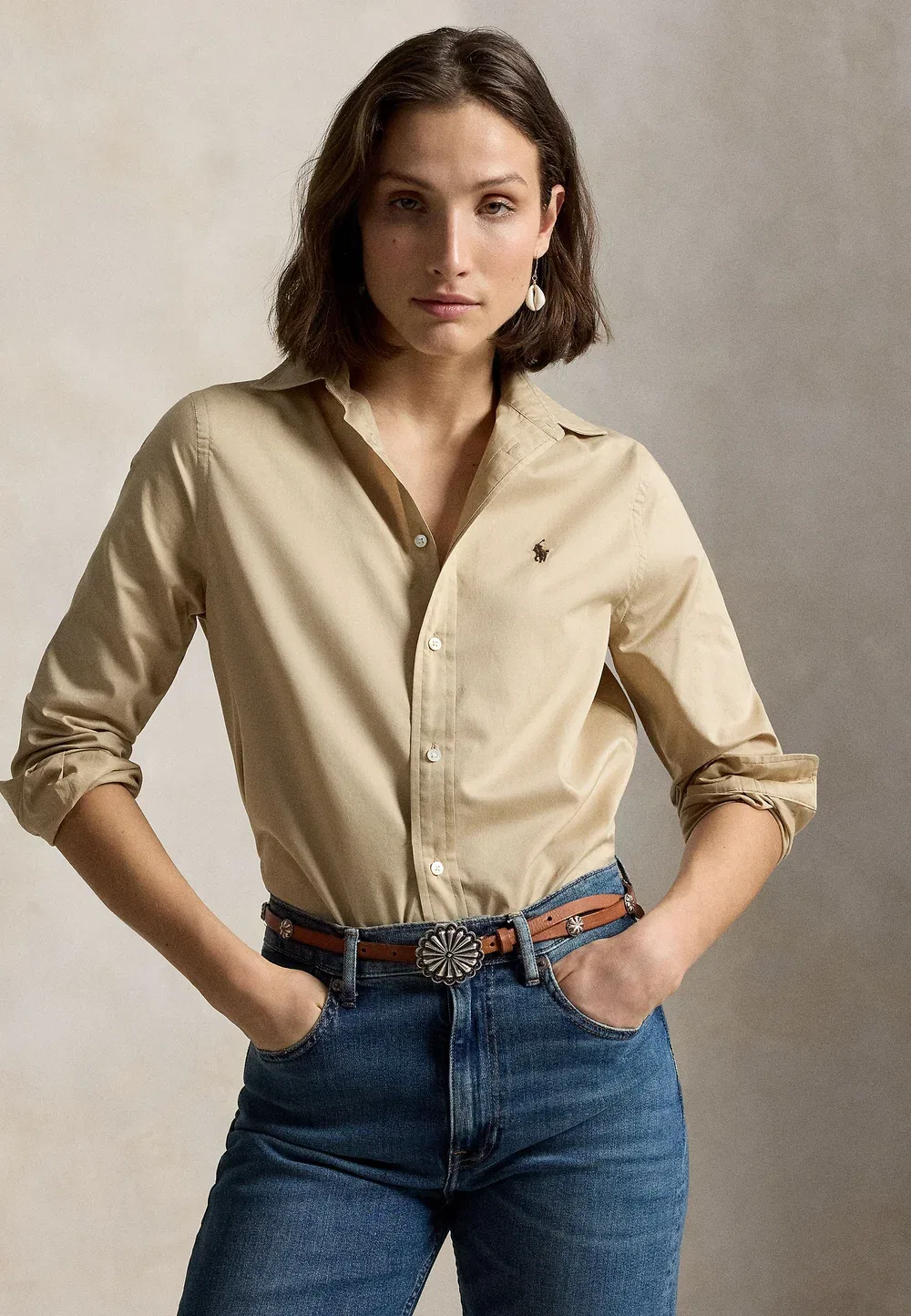 Классическая рубашка из хлопкового твила - блузка на пуговицах Polo Ralph Lauren, Tan