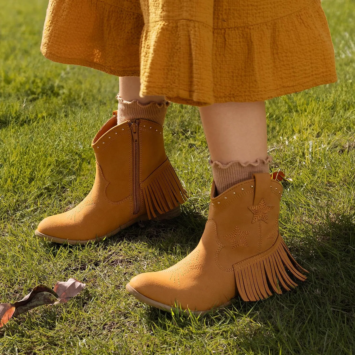 Детские сапоги для девочек с кисточками и звездами DREAM PAIRS, Camel-Suede — фото 2