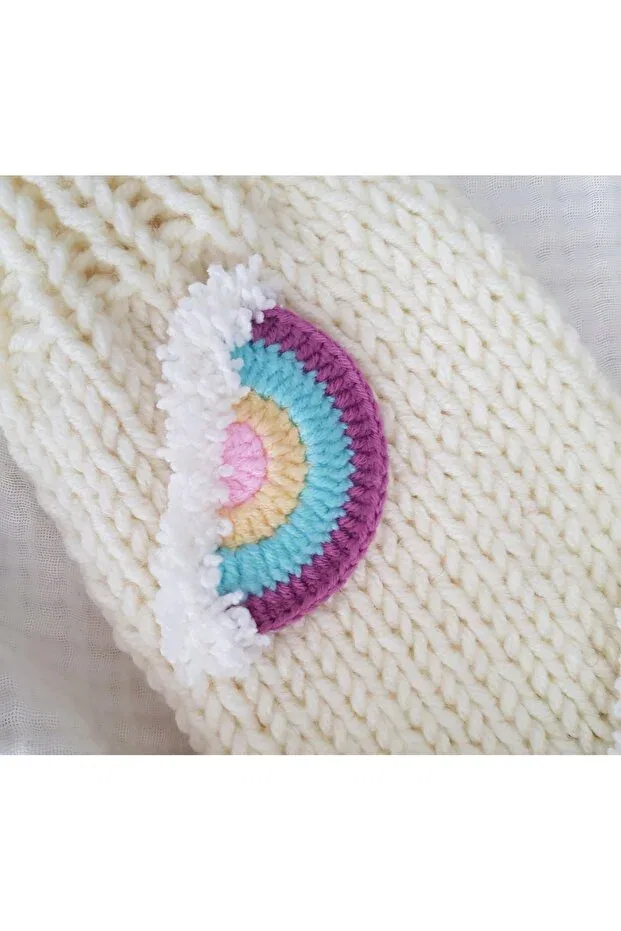 Детский кардиган с ручной вышивкой Hand knitted rainbow detailed girl's cardigan El Örgüsü, White — фото 4